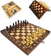 Schaakbord | Dambord | Backgammon | 39 x 39 cm | Schaakspel | Schaakset | Schaken | Dammen | Met Schaakstukken | 3-in-1 Bordspel | Magnetisch | Chess | Hout | Opklapbaar