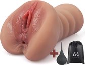 Aii 3D Realistisch Masturbator + Gratis cleaning Bulb en Opbergtas - Masturbator voor man - Pocket Pussy - 2 in 1 Vagina en Anus - Sex toys voor mannen - Bruin