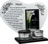 Waxinehouder in memoriam overleden glas hart met mini urn gedicht Mam...