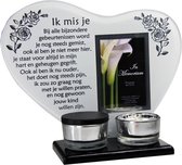 Waxinehouder in memoriam overleden glas hart met mini urn gedicht Ik mis je...