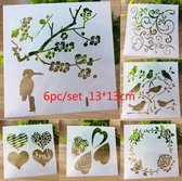 Bullet Journal Plastic Stencils - 6 stuks - Templates - Vogels - Harten - Hearts - Birds - Vines - Ranken - Lianen - Mix - Sjablonen - 13 x 13 cm - Handlettering toolkit - Knutselen - Decoratie - Accessoires