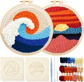 Happy Goods Punch Needle pakket 2 designs ZEEZICHT - Borduurringen met Borduurnaalden en Borduurgaren - 18 kleuren set – Compleet creatief hobby voorbedrukte borduurpakket voor volwassenen - hobby