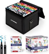 STARKSØN® 122 Stuks Twinmarkers Set – Alcohol Dual Tip Brush Markers – Dubbelzijdige Stiften – Twinmarker & Markeerstift – Incl. Opbergtas & Schetsboek