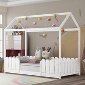 Kinderhuis Bedframe 90 X 200 cm - Houten stapelbed met hek en dakkajuit Bed Vloerbed Half gesloten bedframe met valbeveiliging en lattenbodem - voor tieners, meisjes, jongens