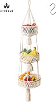 Macramé 3-Laags Hangende Fruitmand - Bohemian Mand Plantenhanger - Handgemaakt Katoen Touw Fruitschaal Hangmand - Boho Ophangbaar Etagere - Decoratieve Fruit Schaal/Basket - Opbergmand organizer - Keuken/Balkon Decoratie - Hangpot voor Binnen/Buiten