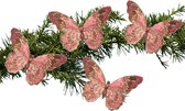 Kerstboom vlinders op clip - 18 cm - 4x stuks - roze glitter - kunststof