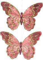 6x stuks decoratie vlinders op clip glitter roze 18 cm - Bruiloftversiering/kerstversiering decoratievlinders