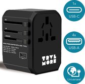 TRVLMORE Universele Wereldstekker - USB-C en 4 USB Poorten - 2000W - Internationale Reisstekker - Zwart