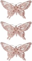 3x Kerstboomversiering roze glitter vlinder op clip 15 cm - Decoratie vlinders roze glitters 3 stuks