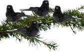 4x stuks kunststof decoratie vogels op clip zwart 12 cm - Decoratievogeltjes - Kerstboomversiering